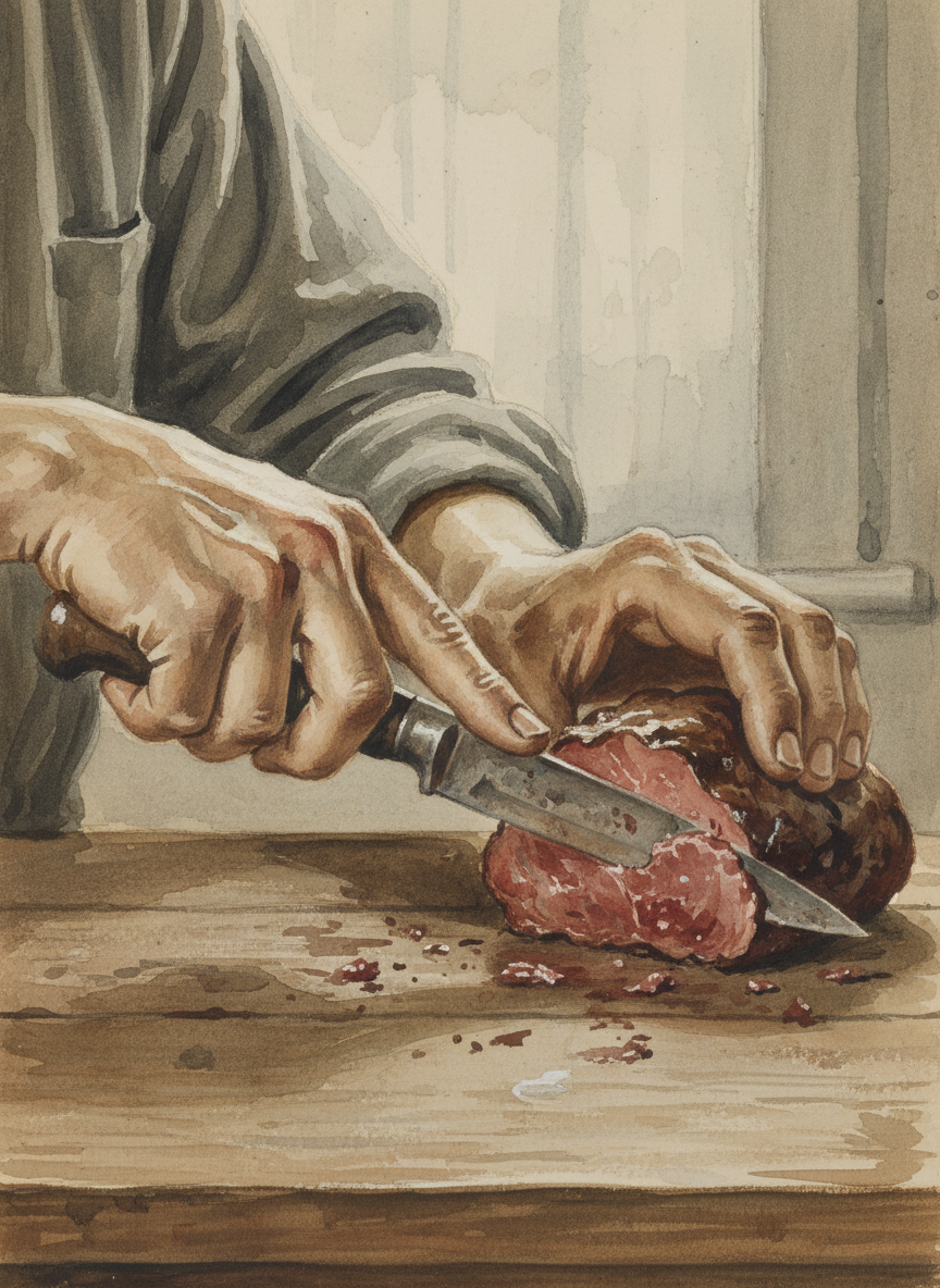 I watched as he tried and failed to wedge his knife tightly enough to cut his roast.