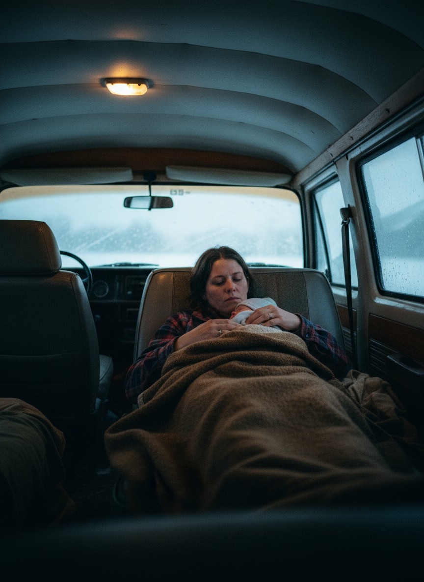 Shawn carried Emily and laid her on the back seat, then Mother placed the baby against Emily’s chest and covered him, creating a makeshift incubator.