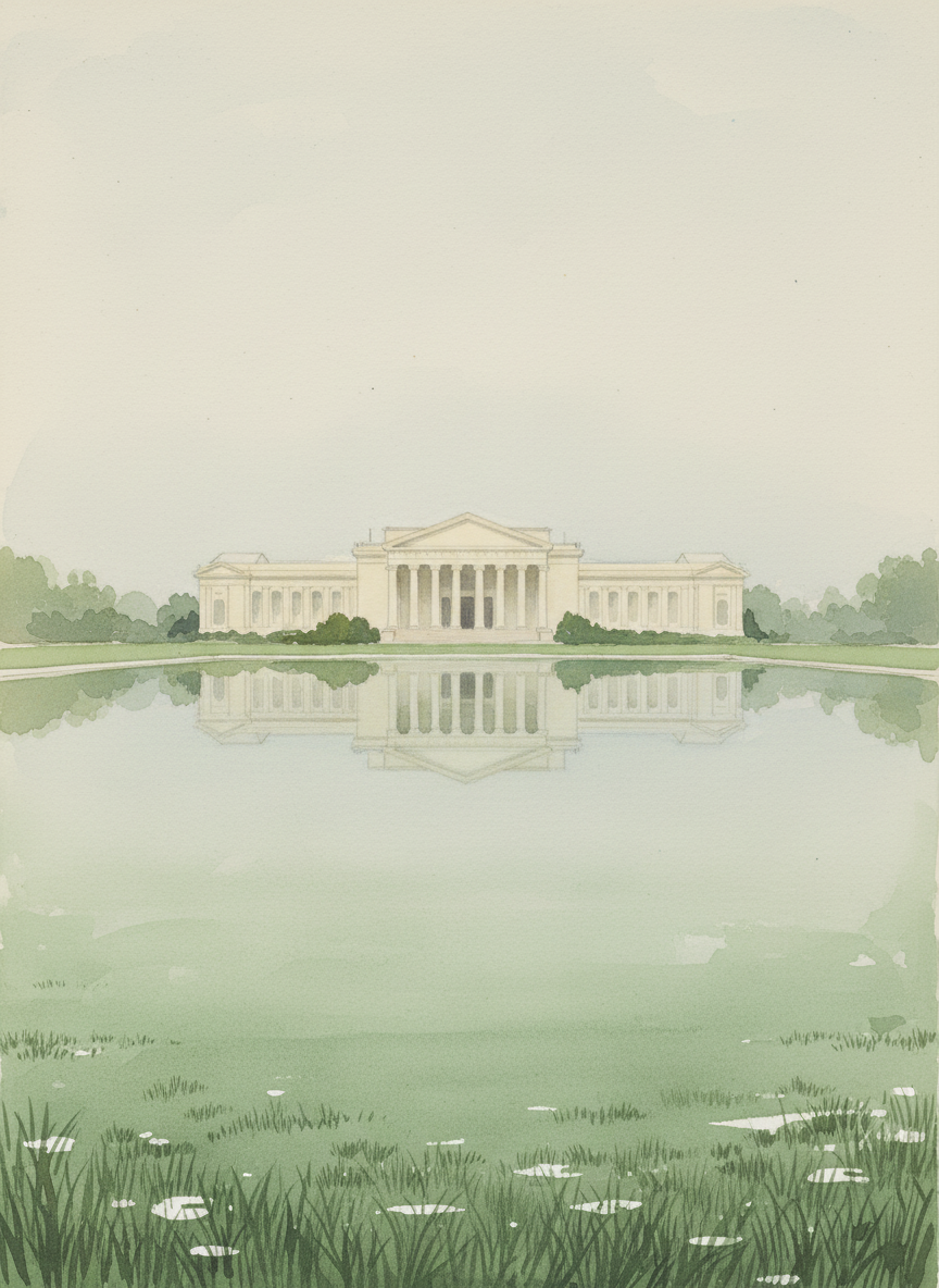 There was a lake of perfectly clipped grass and, across the lake, an ivory-tinted building I vaguely recognized as Greco-Roman.