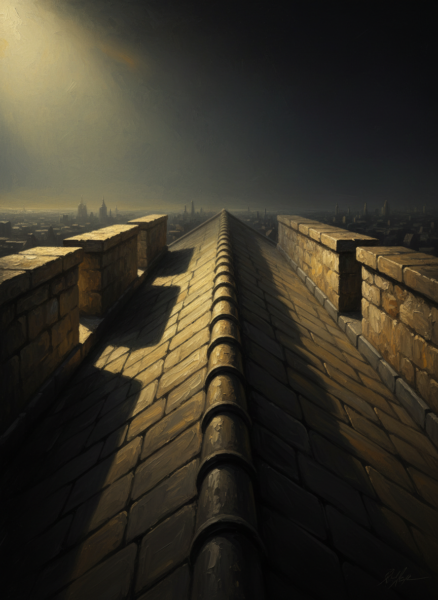 Finally the staircase opened onto the roof, which was heavily slanted, an inverted V enclosed by stone parapets.