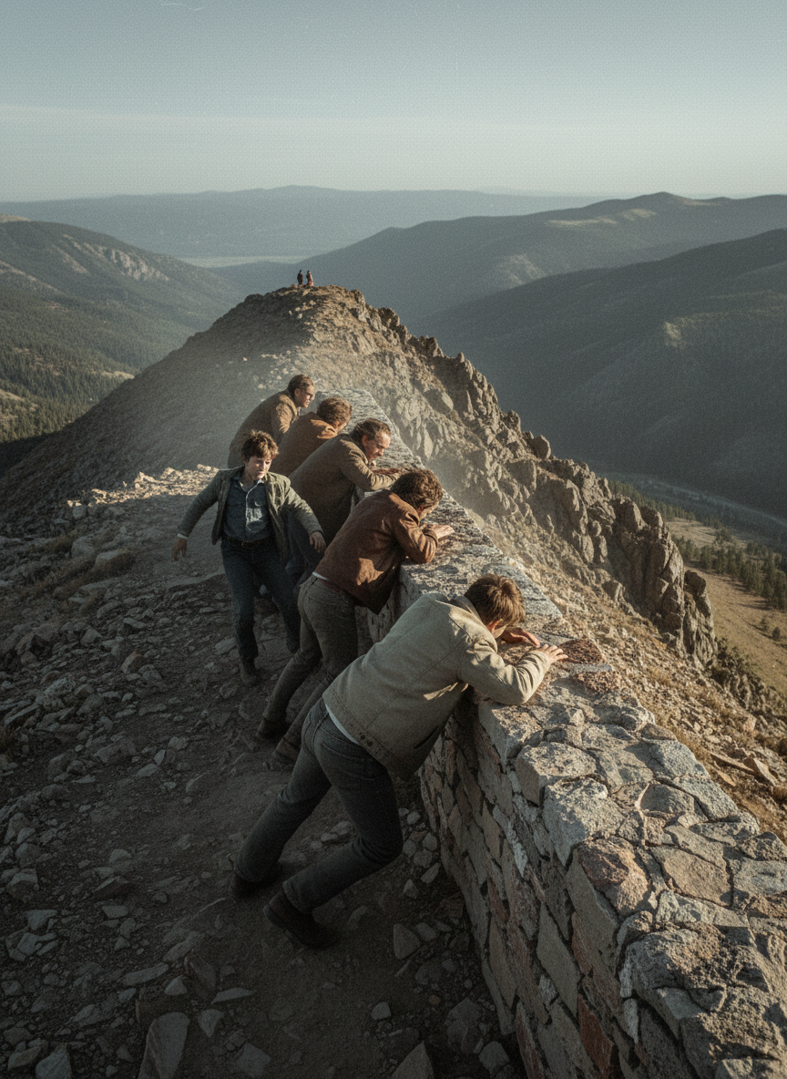 Kerry had, tipping and swaying in the wind; everyone else was holding tightly to the stone parapet, knees bent, backs arched, as if unsure whether to walk or crawl.