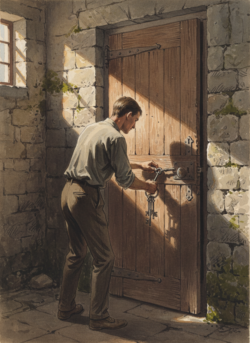 I waited at the porter’s lodge until a thin man appeared and, producing a set of heavy keys, unlocked a wooden door set into the stone.