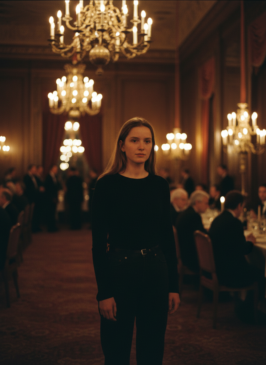 The hall was lit by candlelight, which was beautiful, but it cheered me for another reason: I wasn’t wearing formal clothing, just a black shirt and black pants, and I thought people might not notice in the dim lighting.