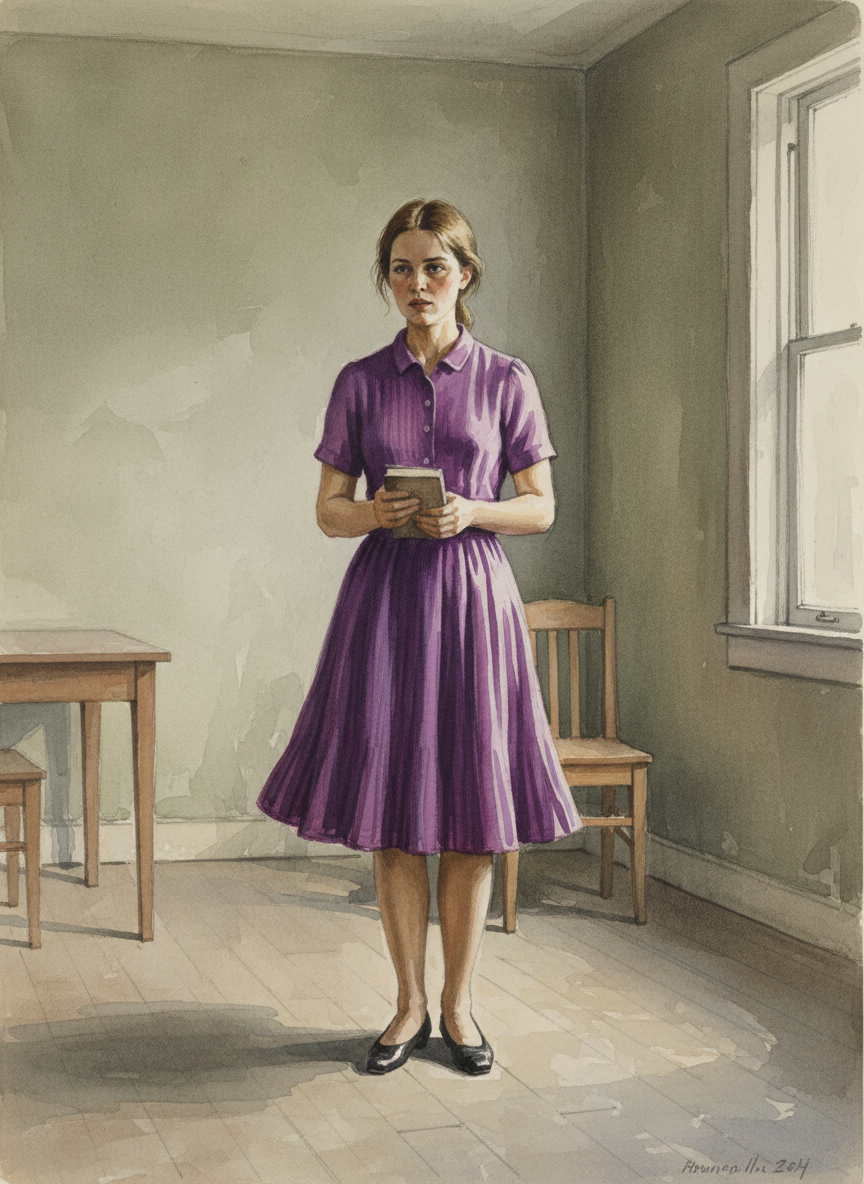 She was wearing a dress of rich purple with crisp pleats in the skirt.