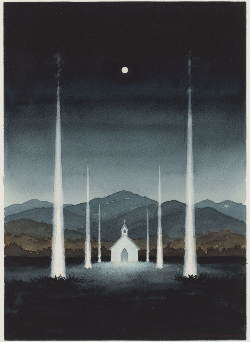 Pillars of chalky light reached up from the ground and illuminated the chapel, which glowed, moonlike, against the night sky.