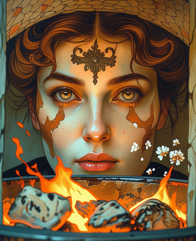 I noticed, momentarily, the coals in the stove reflected in her eyes.