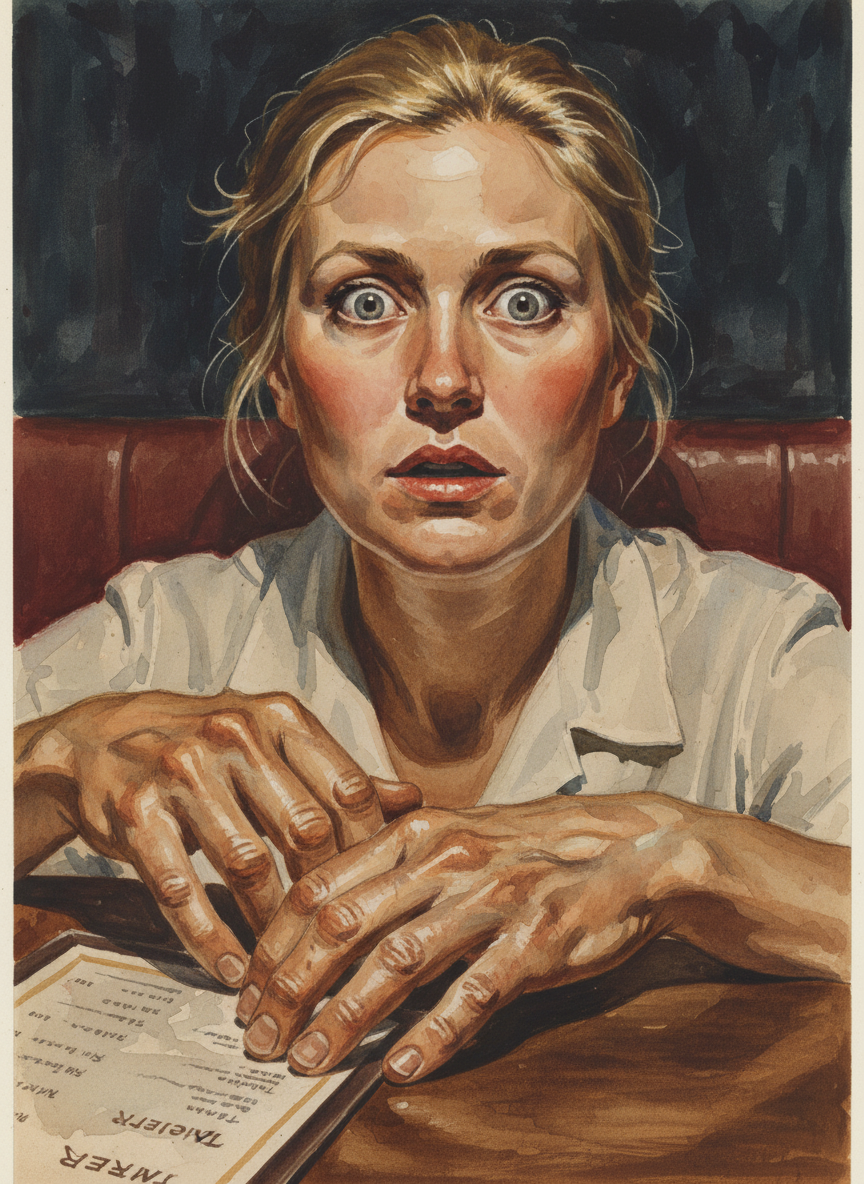 The waitress stared a moment too long at my father’s face, then her eyes bulged when they dropped to his hands.