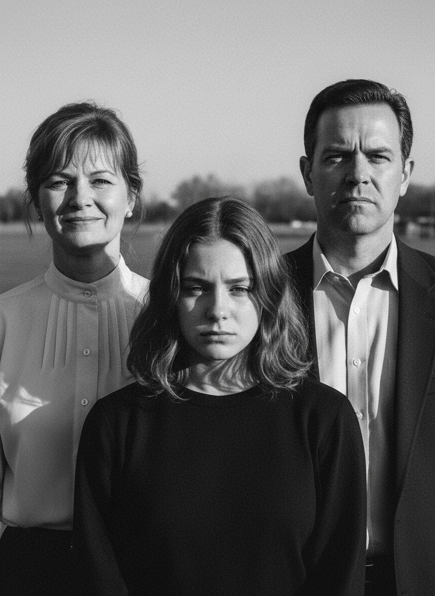 One is of me and Mother, smiling our forced smiles; the other is of me wedged between my parents, looking squeezed, under pressure.