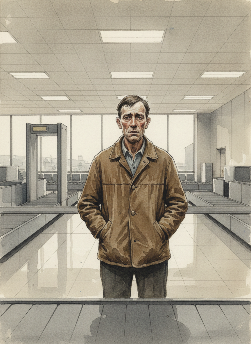 It was only then that I glanced back and saw Dad, still standing at the checkpoint, watching me walk away, his hands in his pockets, his shoulders slumping, his mouth slackened.