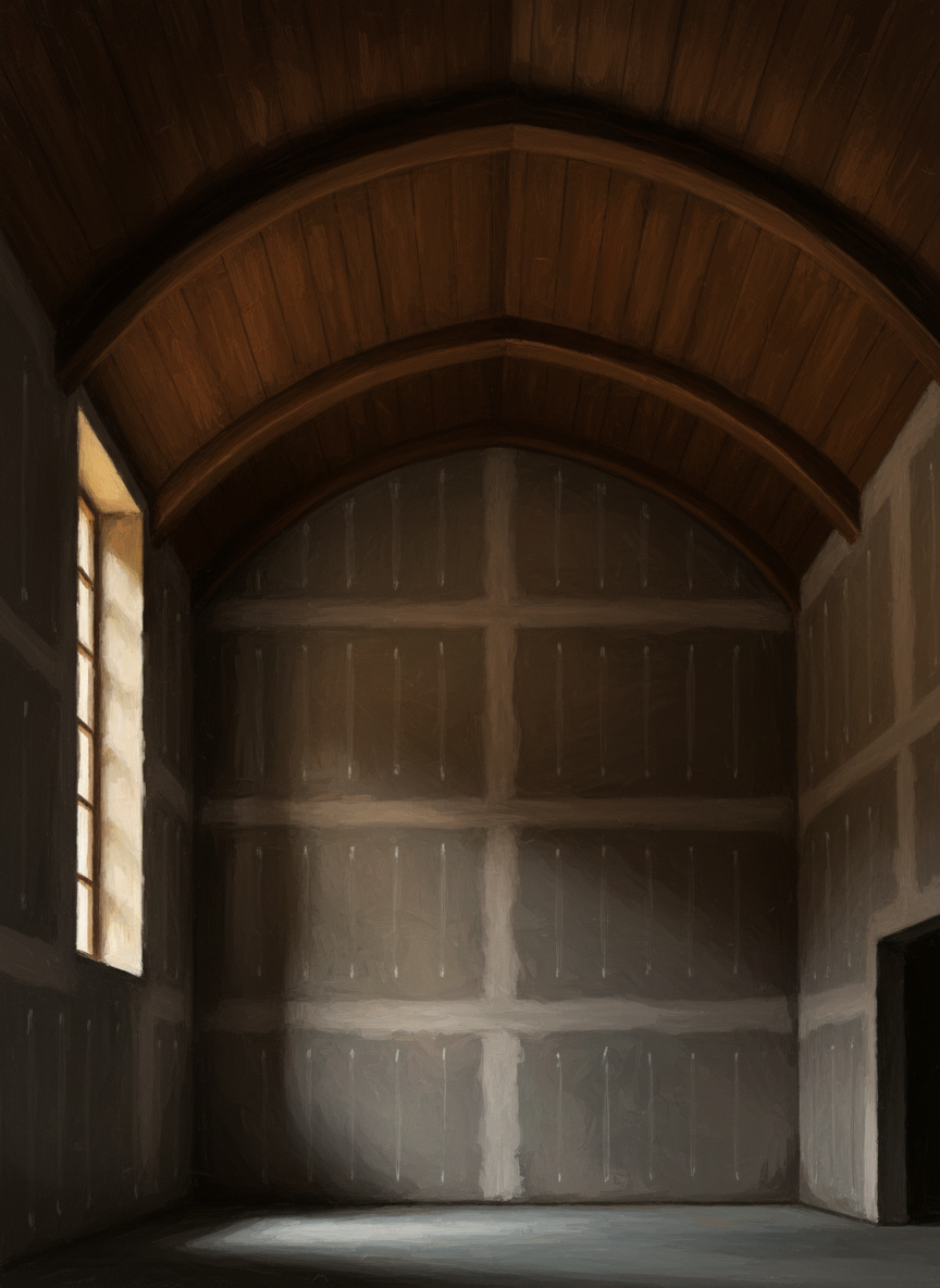 The walls were exposed Sheetrock, which contrasted spectacularly with the wood paneling on the vaulted ceiling.