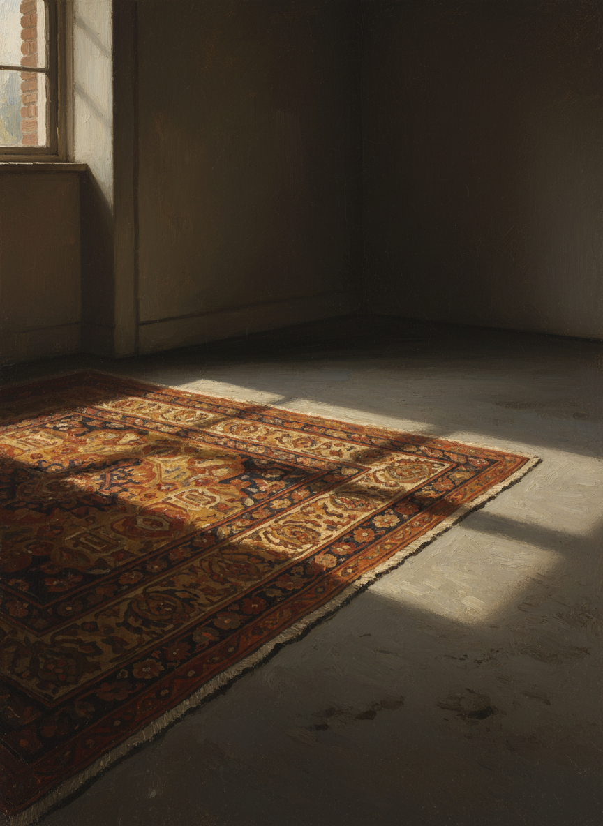 Thick rugs with intricate patterns covered half the floor, while the other half was raw cement.