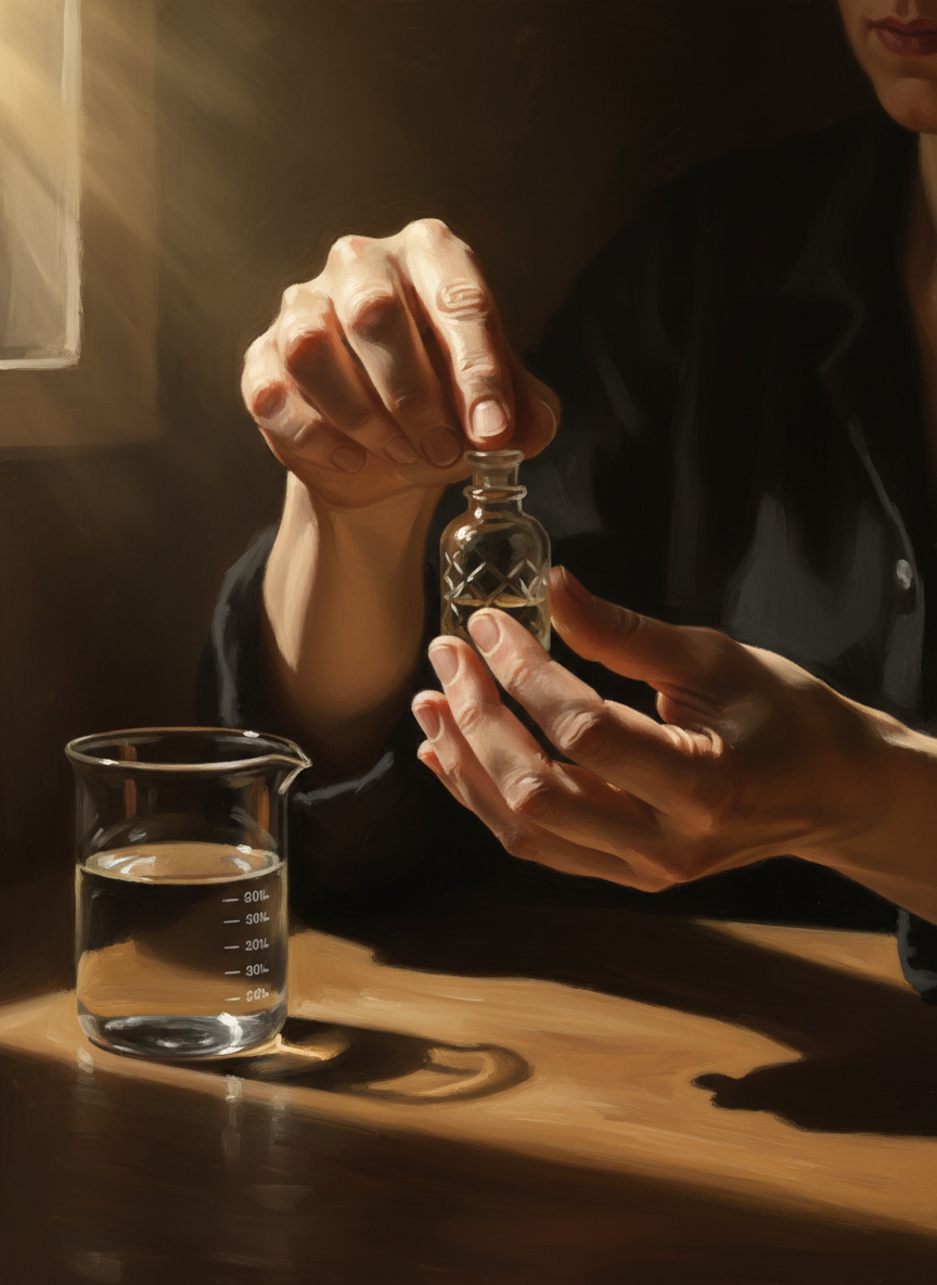 I poured the distilled water and added the drops from the base formula, then passed the tiny glass bottle through the ring made by my thumb and index fingers, counting to fifty or a hundred, then moving on to the next.