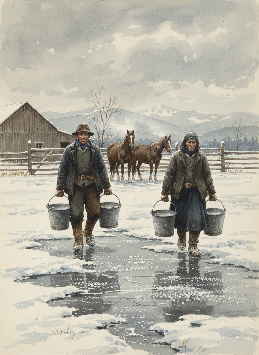 We broke the ice but it refroze quickly, so we carried buckets of water to each horse.