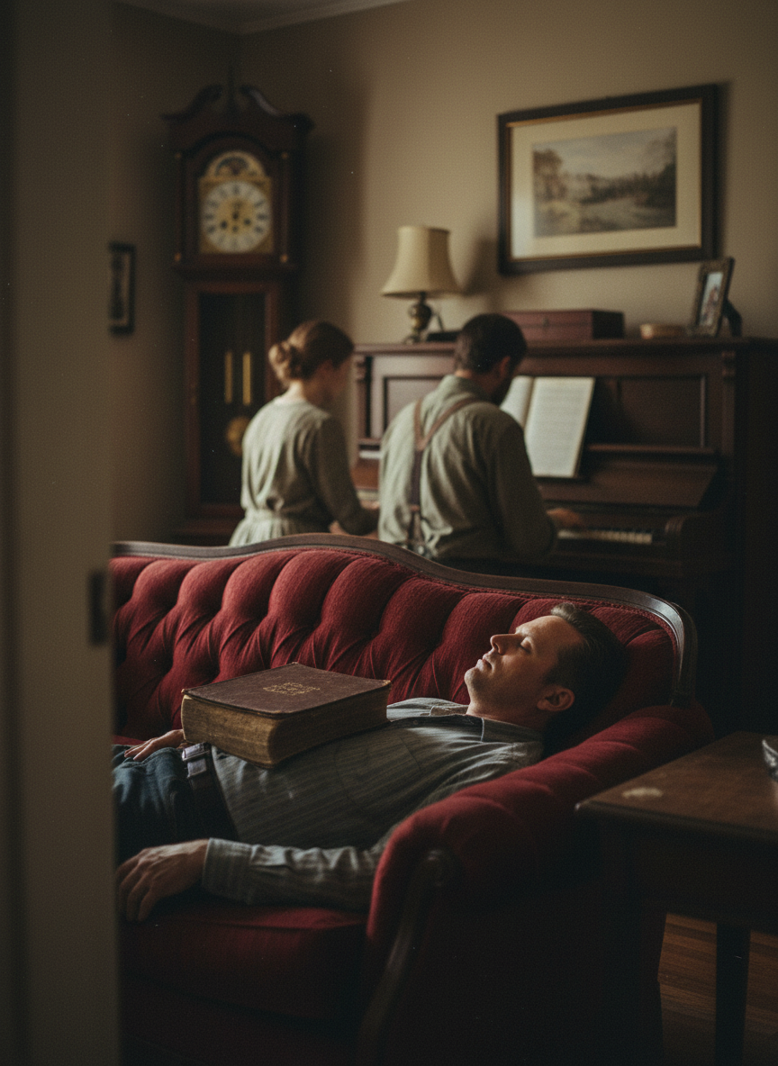 He was lying on the crimson sofa, a Bible resting on his stomach, while Kami and Richard played hymns on the piano.
