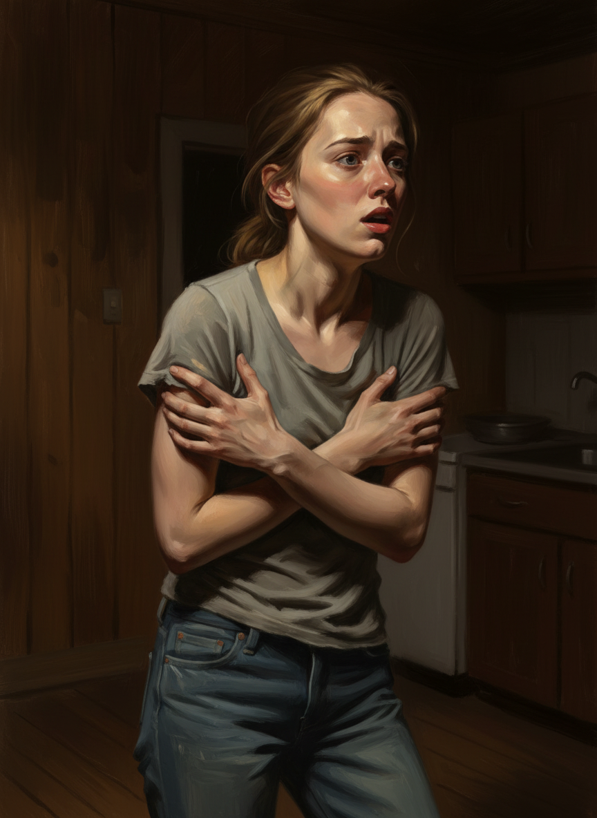 Her thin arms were wrapped around her body and she was shaking, gasping for breath.