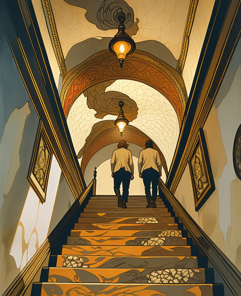 We silently climbed the stairs, and the shadows cast onto the ceiling by our oil lamps, as always, spun and merged, now expanding, now shrinking, yet seemed somehow to be doing so for the first time.
