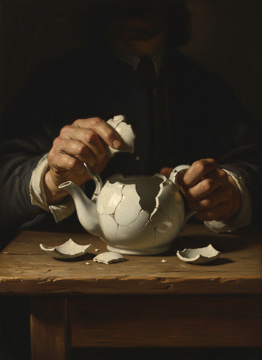 I had brought a small porcelain tea set for her children, and when they began to quarrel over the teapot, I gathered up the pieces.