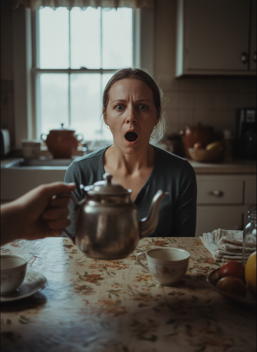 I turned to pass the tea set to my sister, so she could administer justice however she saw fit, but when I saw her expression I nearly dropped it.