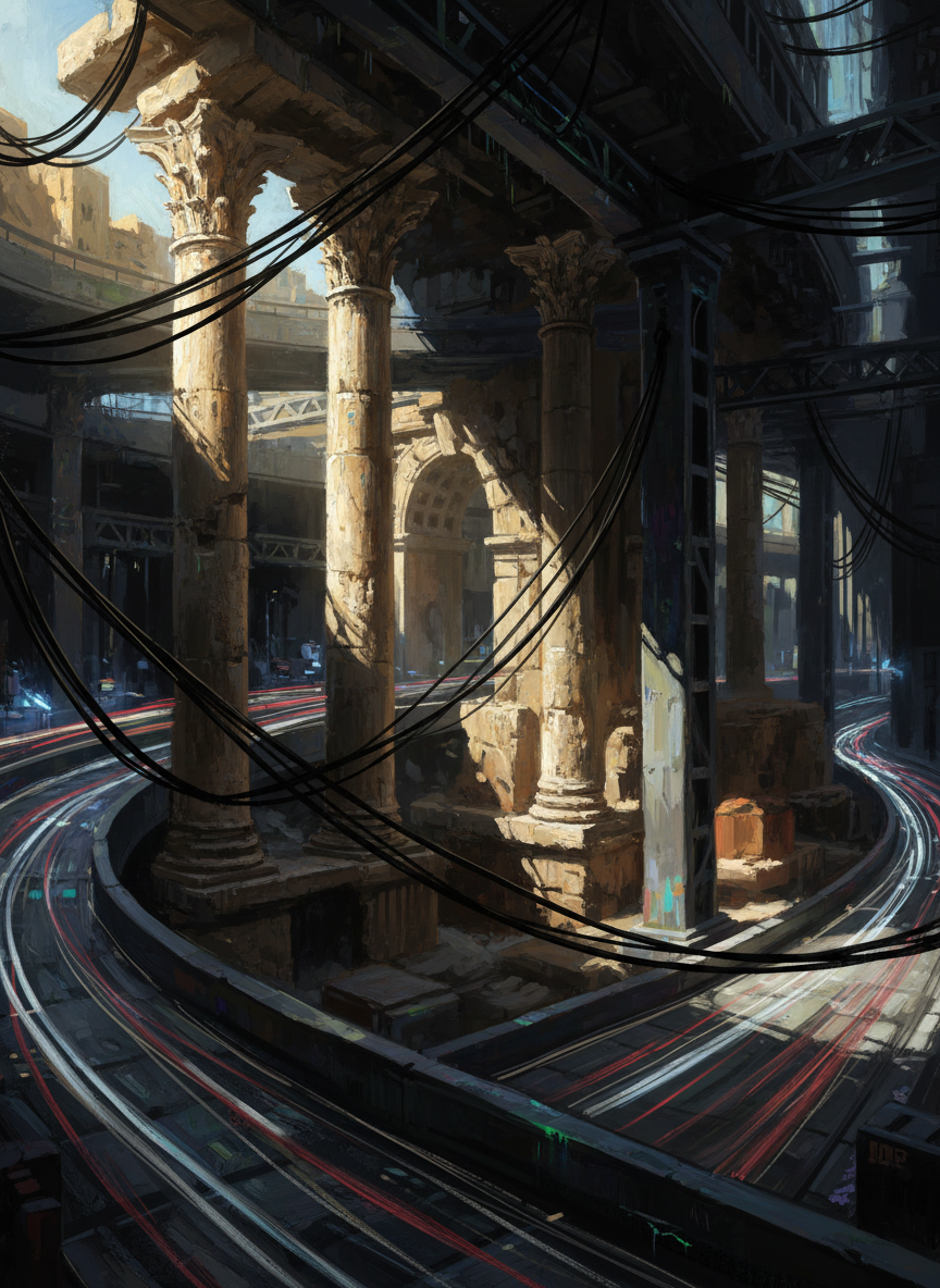 Bleached structures from antiquity lay like dried bones, embedded in pulsating cables and thrumming traffic, the arteries of modern life.