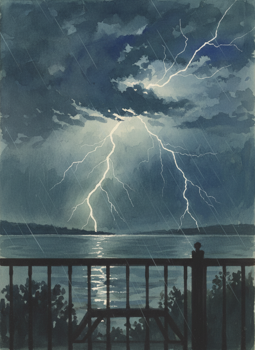 I stood on Nic’s balcony and watched streaks of lightning race across the sky, claps of thunder chasing them.