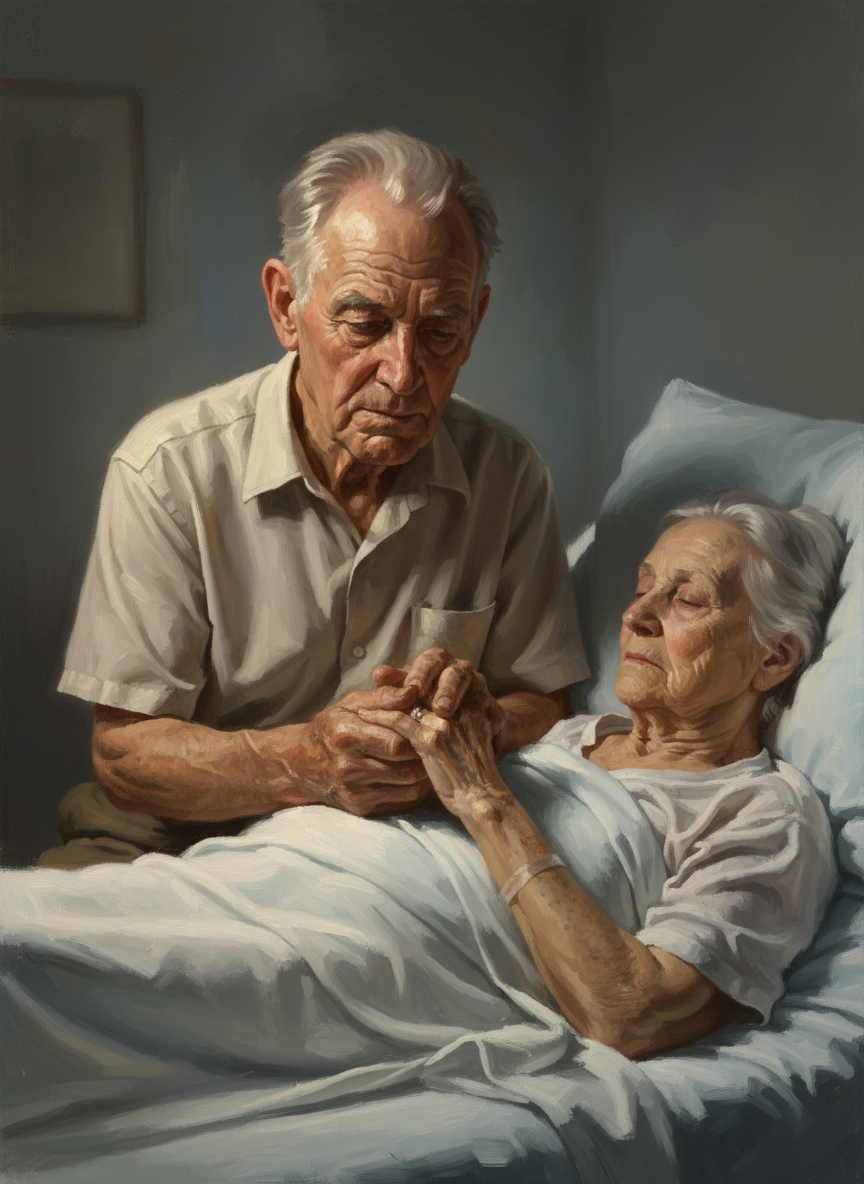 Grandpa was seated at her bedside, holding her speckled hand.