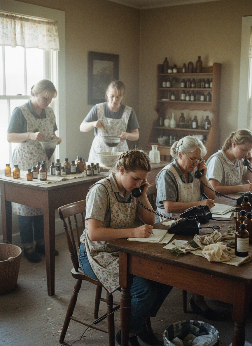 There were women everywhere, some taking orders over the phone, others mixing oils or straining tinctures.