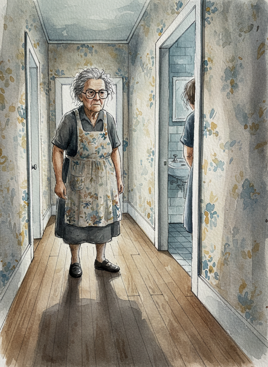 When I came out I walked straight into a thin old woman with wiry hair and large, square glasses.