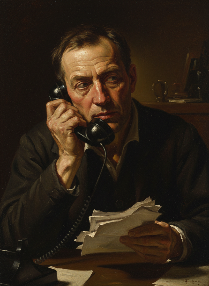 He was on the phone, which he’d wedged between his cheek and shoulder so it wouldn’t slip through his waxy hands.