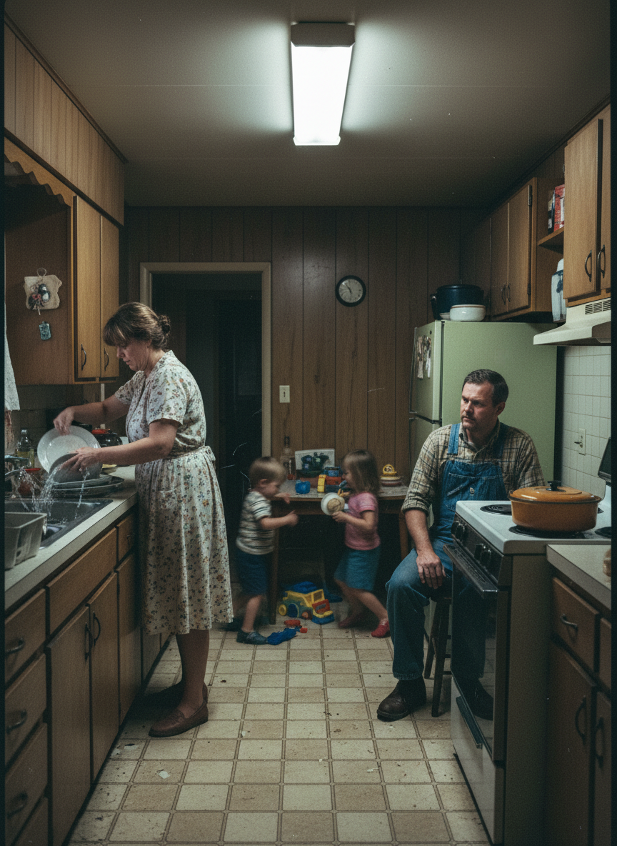 Mother scrambled to serve the stew she’d left to slow-cook, but after the meal Dad seemed equally frustrated by the dishes, which Mother hurriedly cleaned, and then by his grandchildren, who played noisily while Mother dashed about trying to hush them.