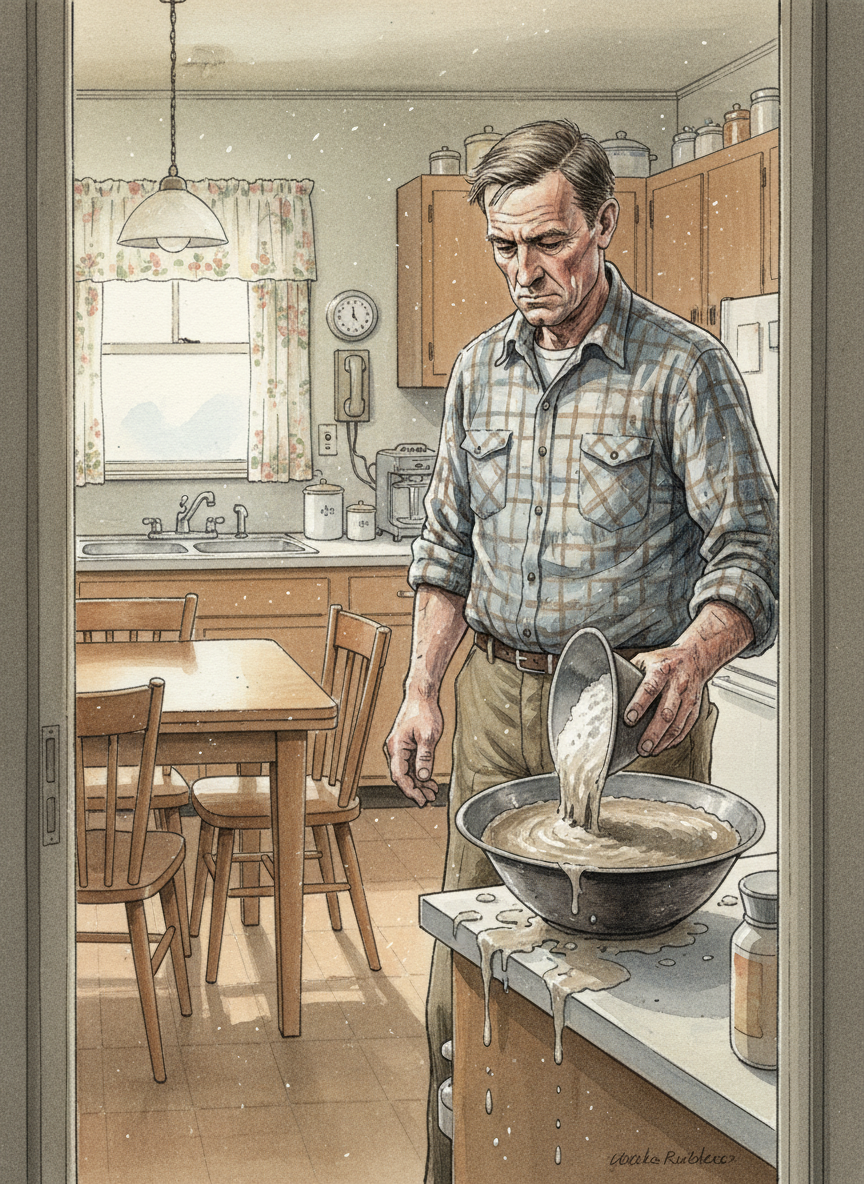 The next morning I found Dad in the kitchen, dumping flour into a glue-like substance I assumed was supposed to be pancake batter.