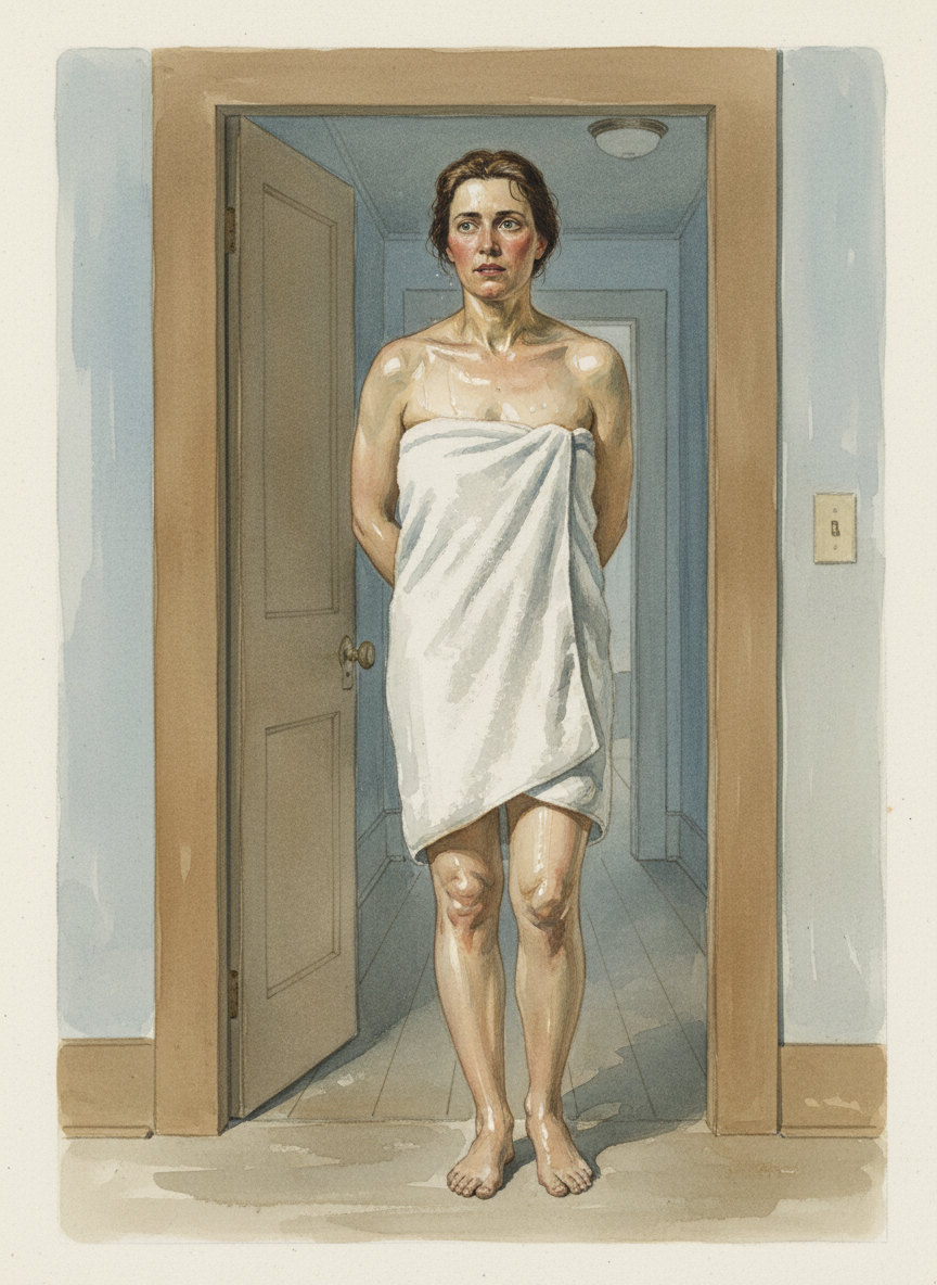 The door opened, a sliver at first, then wider, and there was my mother, her skin glistening from the shower, wrapped in a towel that was too small to cover her.