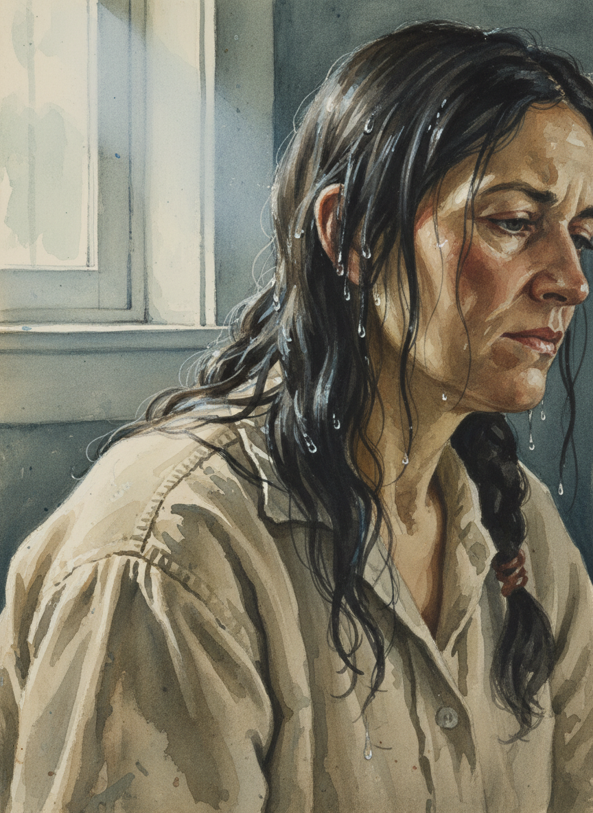 The wet from her body seeped into my clothes, and I felt droplets slide from her hair and onto my shoulder.