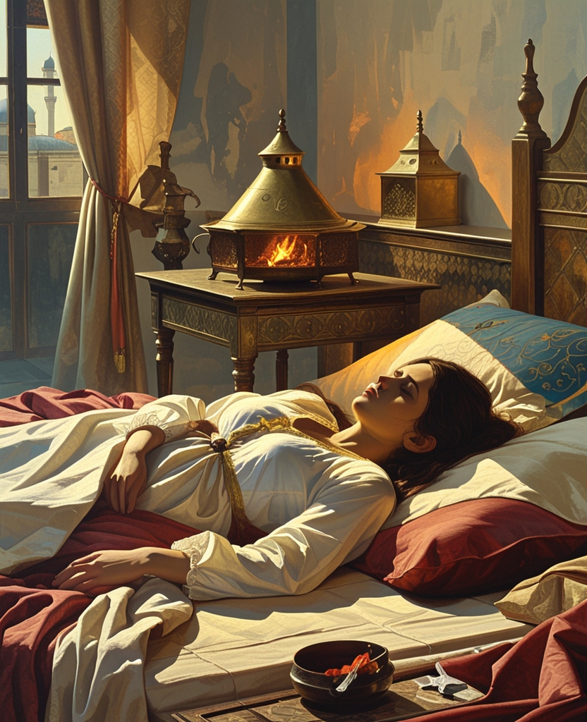 His body, dressed in his nightgown, rested peacefully, bathed in the faint light of the brazier.