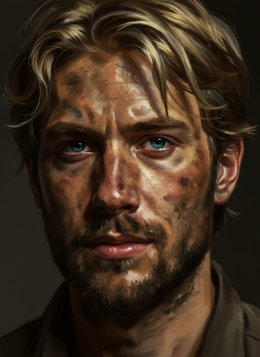 His eyes shone from under the oil and dirt, blazes of blue in clouds of ash.