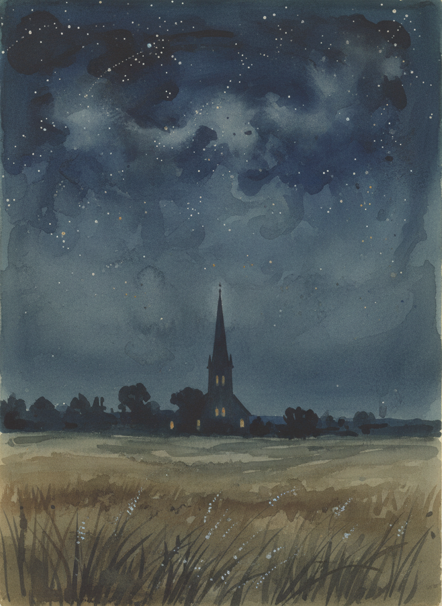 I looked away, fixing my eyes on the church spire, visible against the light from the stars.