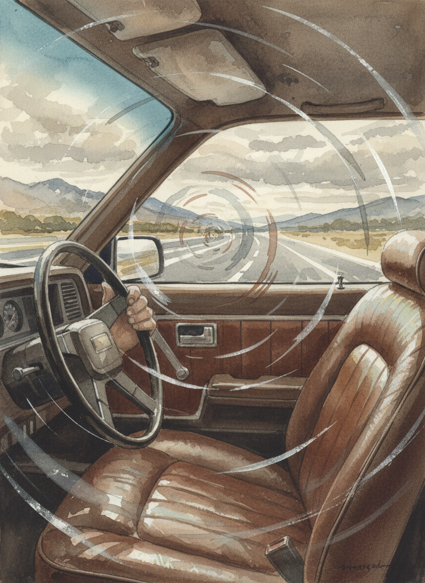 I watched the world revolve as the car spun around and lurched back to the highway.