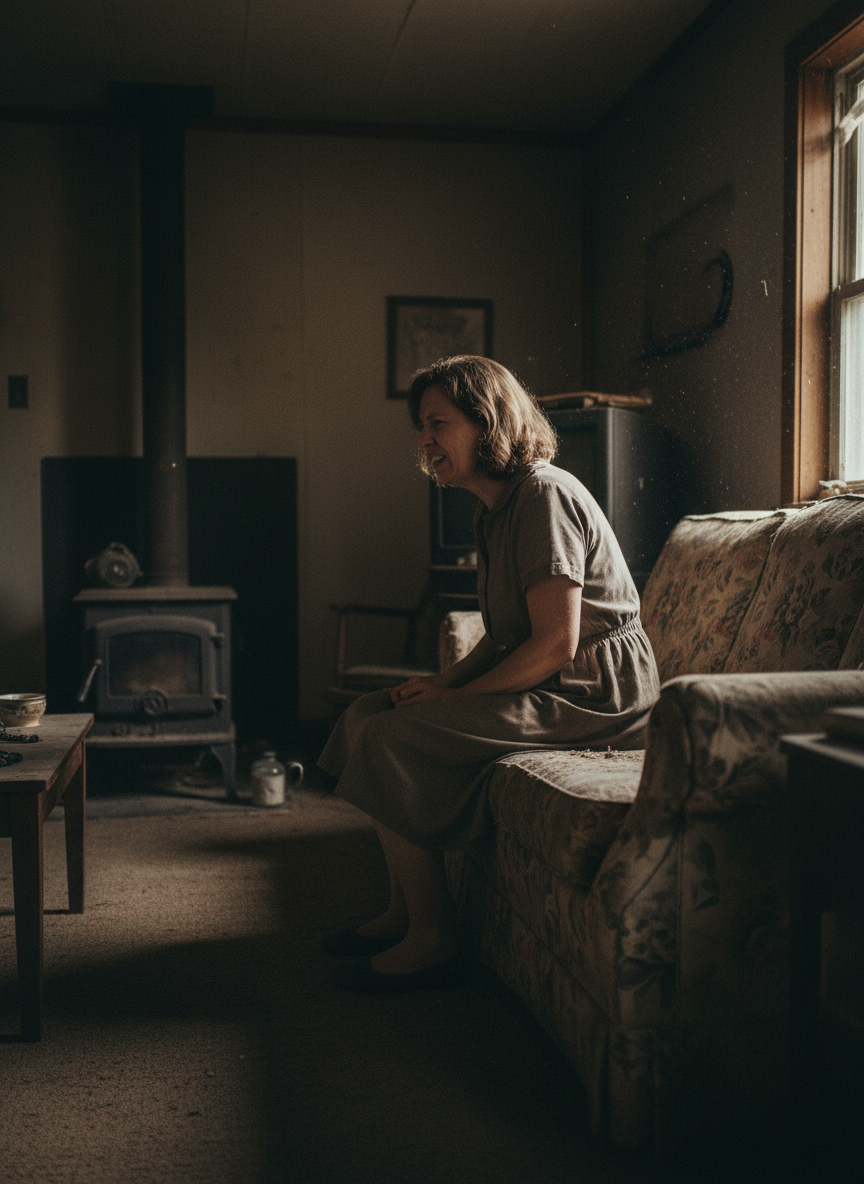 Mother sat on the sofa’s edge, her mouth open in a slant.