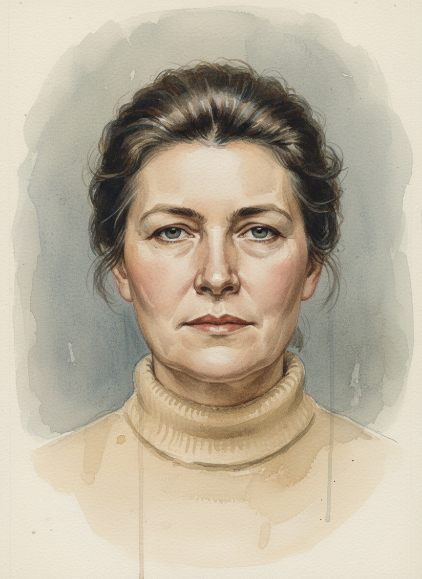 This face was older, and floating above a soft cashmere sweater.