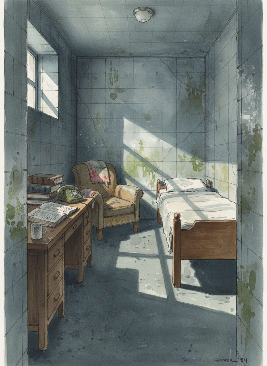It was small and cavelike—dark, moist, frigid, with ashen walls and cold tiles the color of lead.