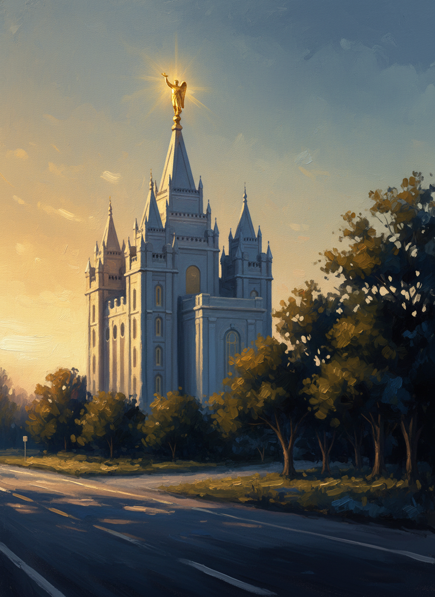 Near the grove, off the highway, there was a shimmering temple topped by a golden statue of the angel Moroni.