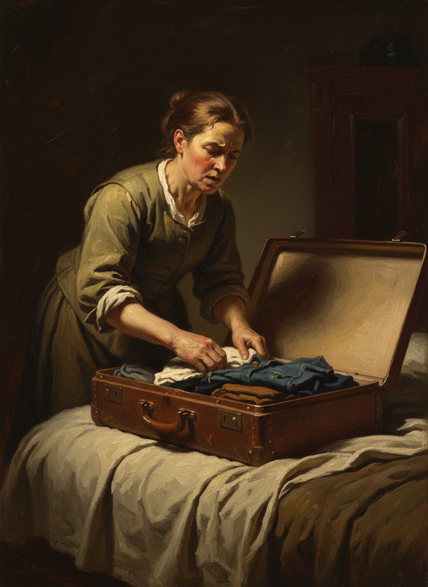 My mother bustled about the room, shoveling shirts and socks into their suitcase.