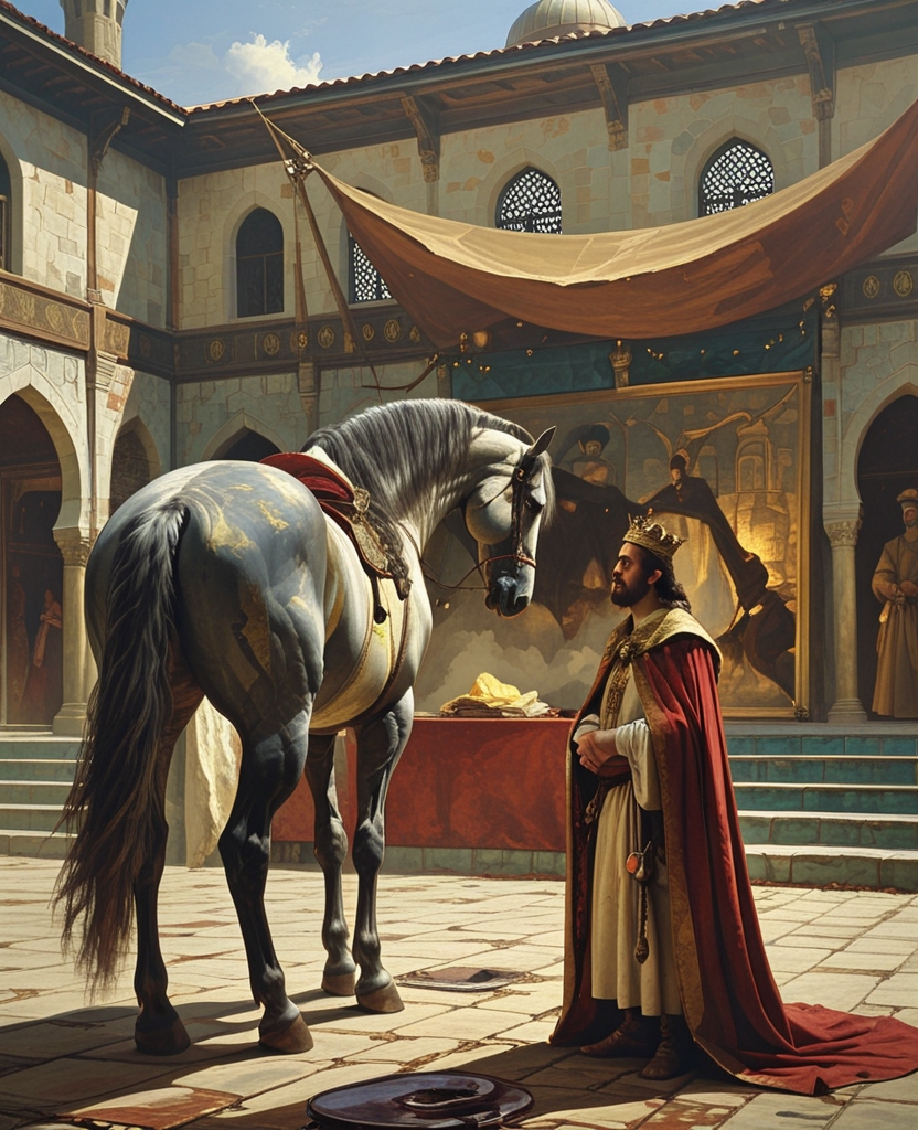 They brought him the most beautiful gray steed in the palace, but when the new king saw that the horse had nostrils like mine-shafts, a shameless ass, a coat duller than in the illustrations and a brutish rump, he was so disenchanted that he had all the horses in his kingdom massacred.